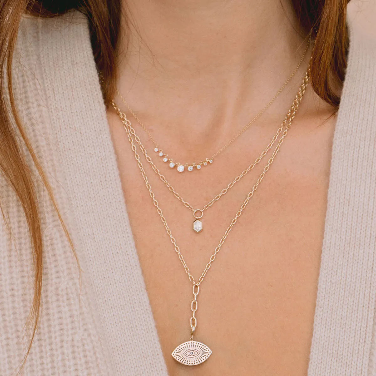 14k 9 Linked Graduated Diamond Bezel Necklace