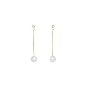 14k Diamond & Pearl Long Bar Earrings