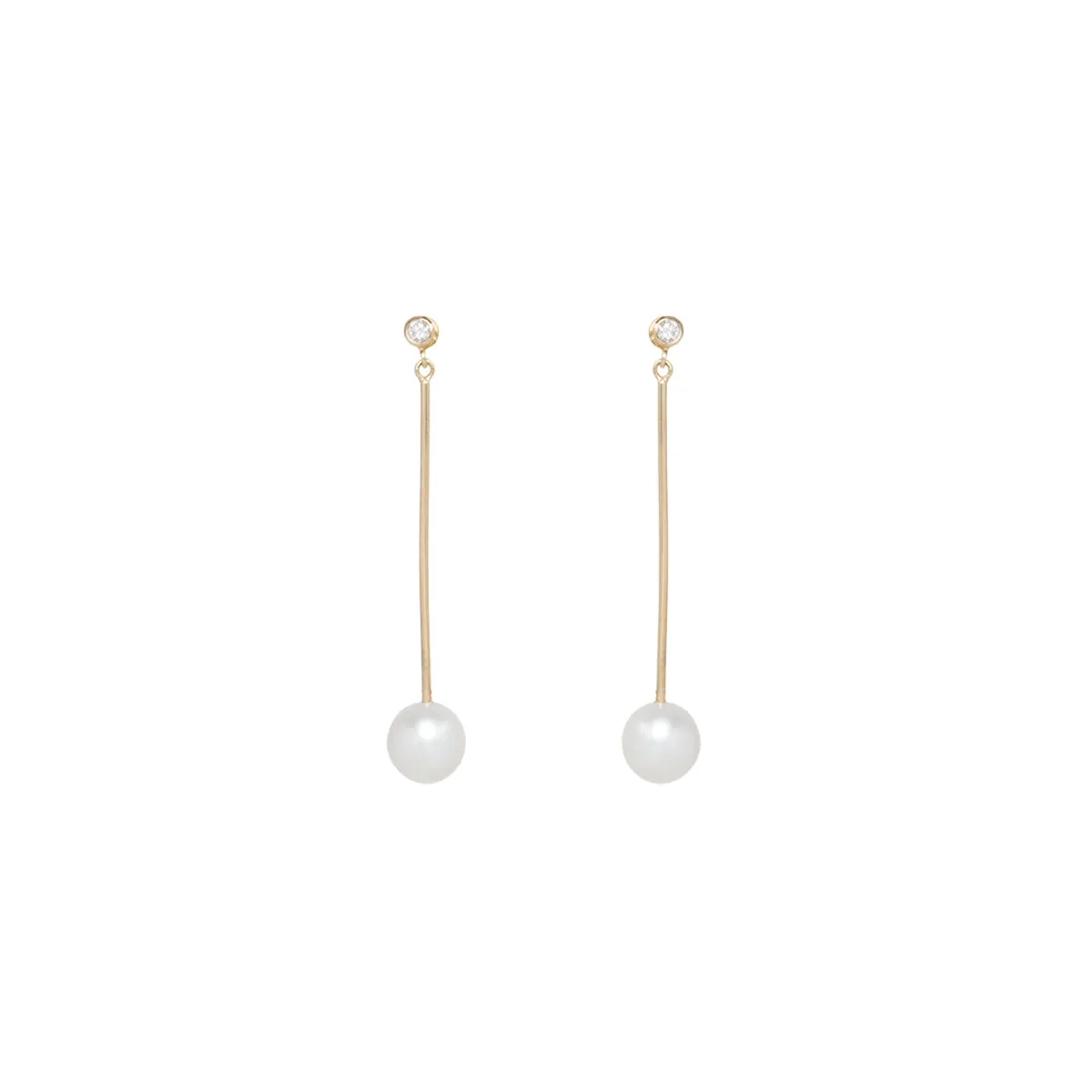 14k Diamond & Pearl Long Bar Earrings