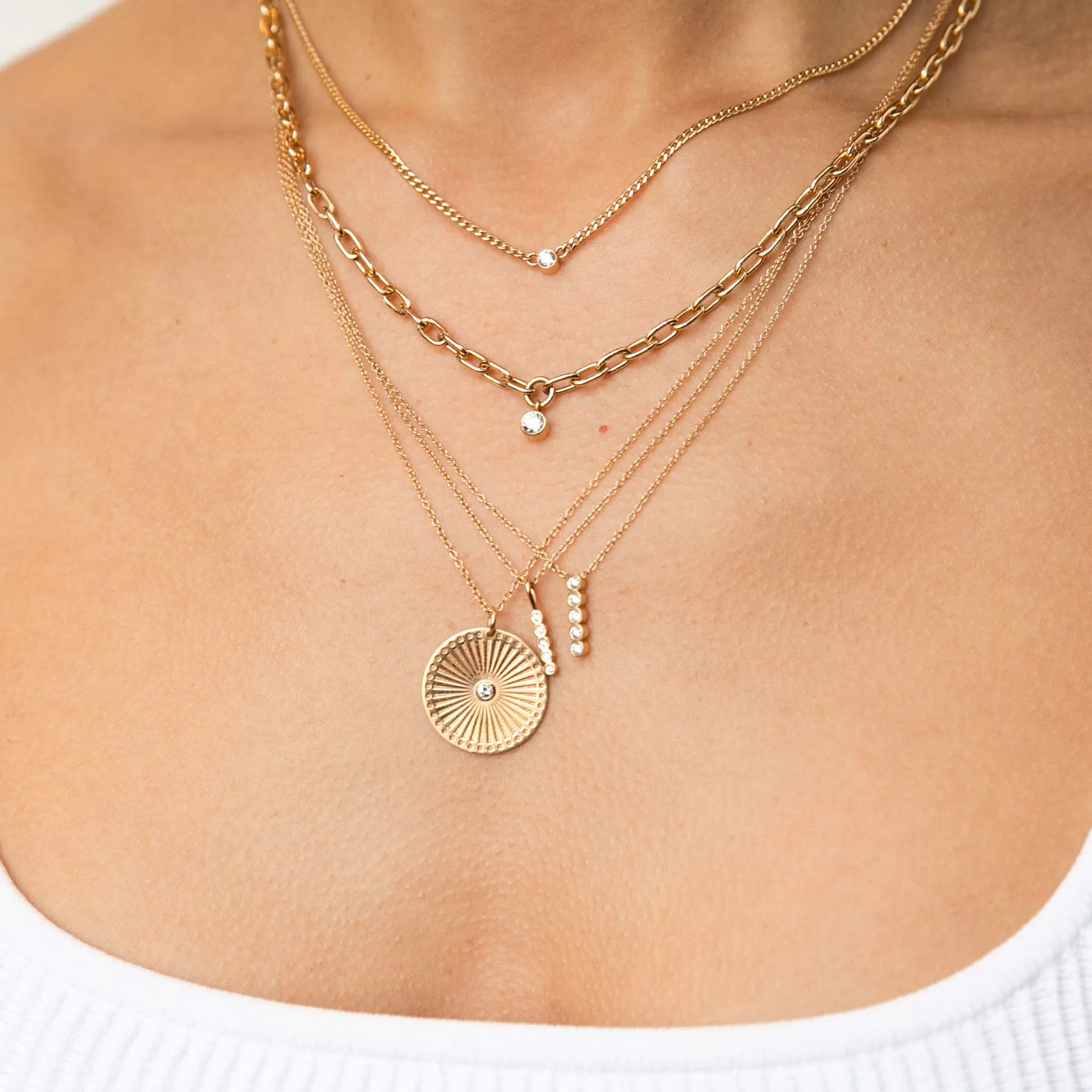 14k Vertical 5 Tiny Diamond Bezel Bar Pendant Necklace