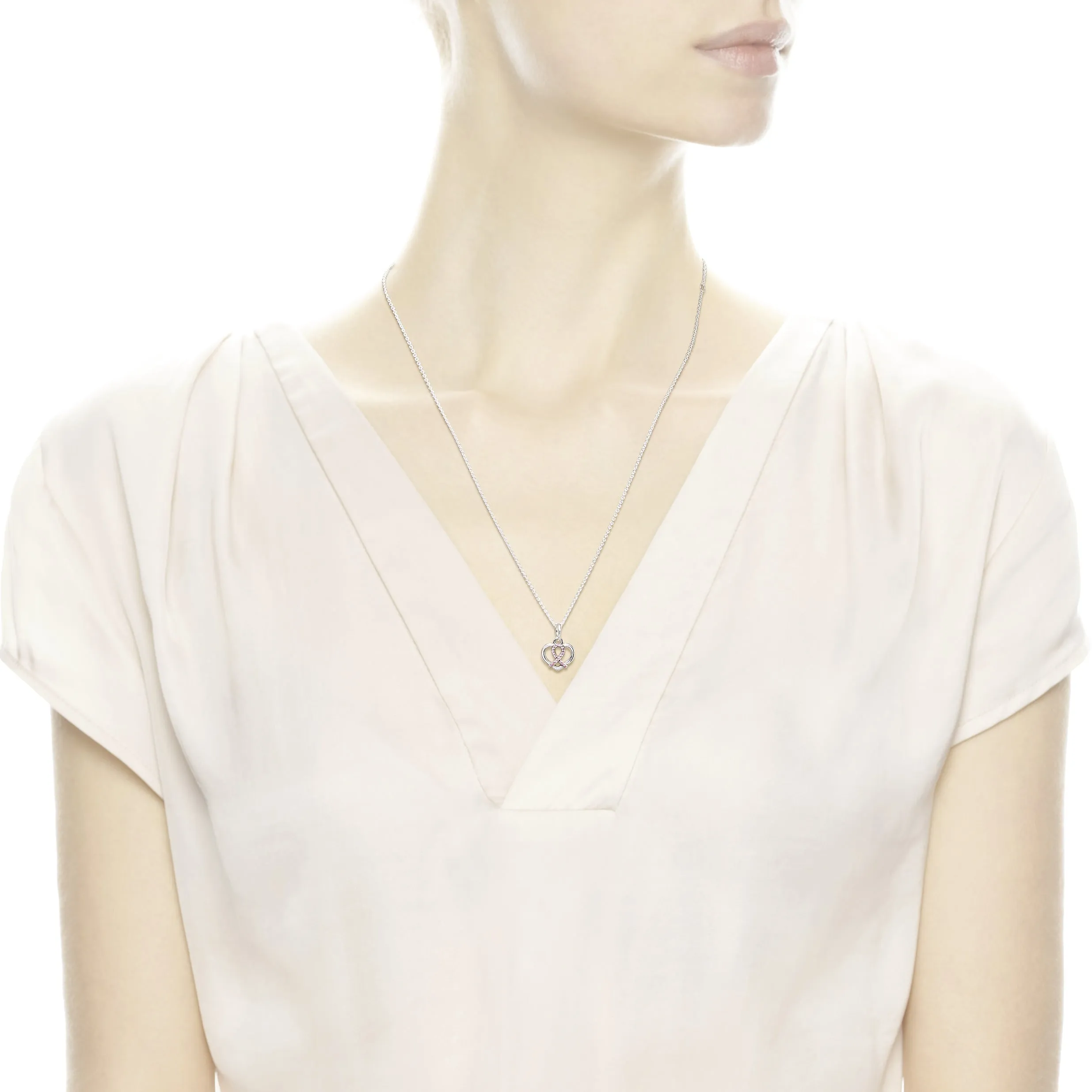 BCA ribbon and heart silver pendant with pink cubic zirconia