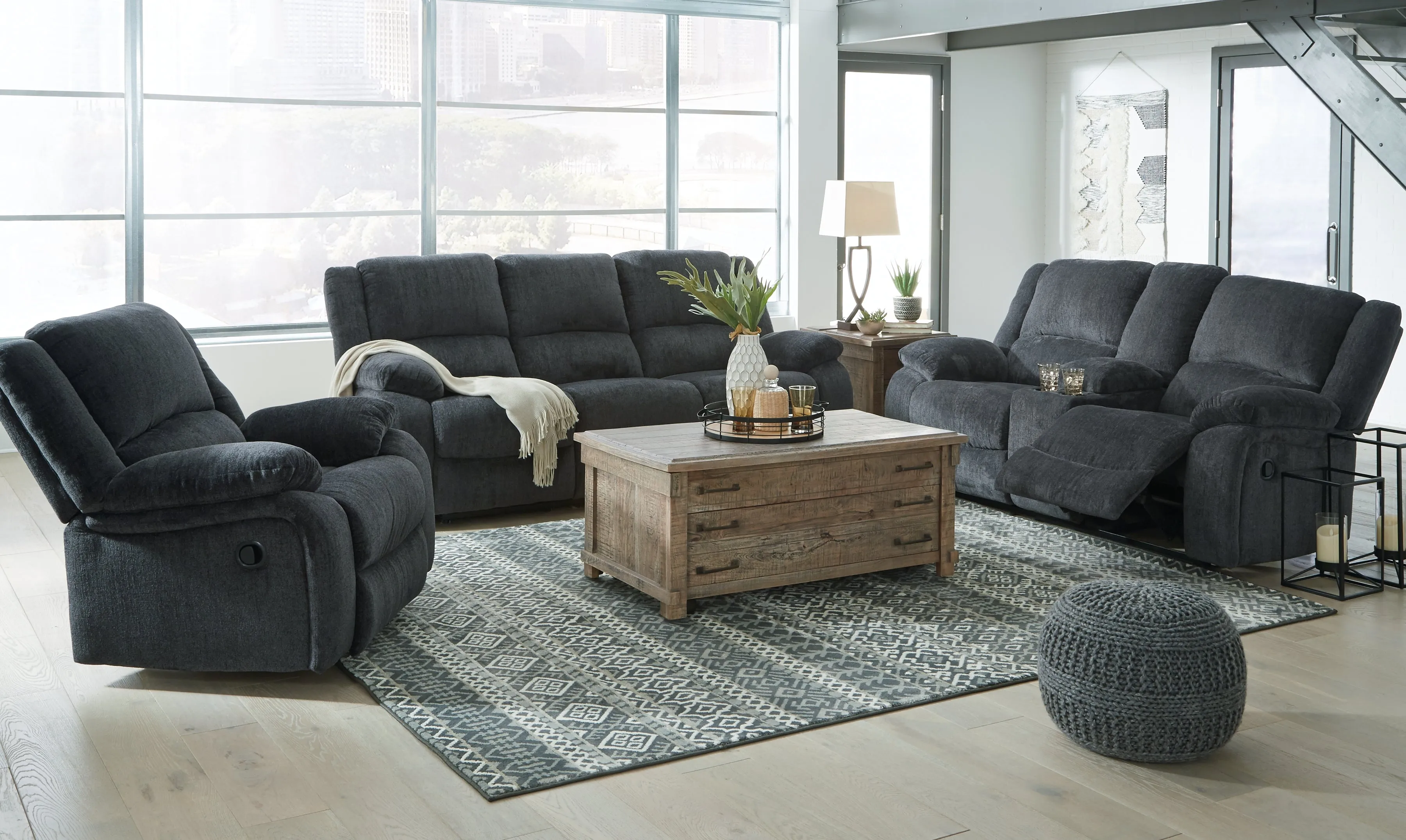 Draycoll Sofa, Loveseat and Recliner in Slate