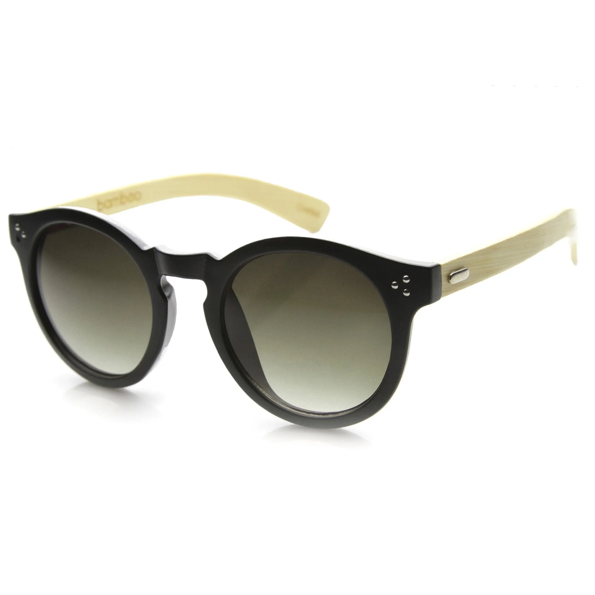 Eco Friendly Bamboo Wood Temple Round Horned Rim Sunglasses 9804