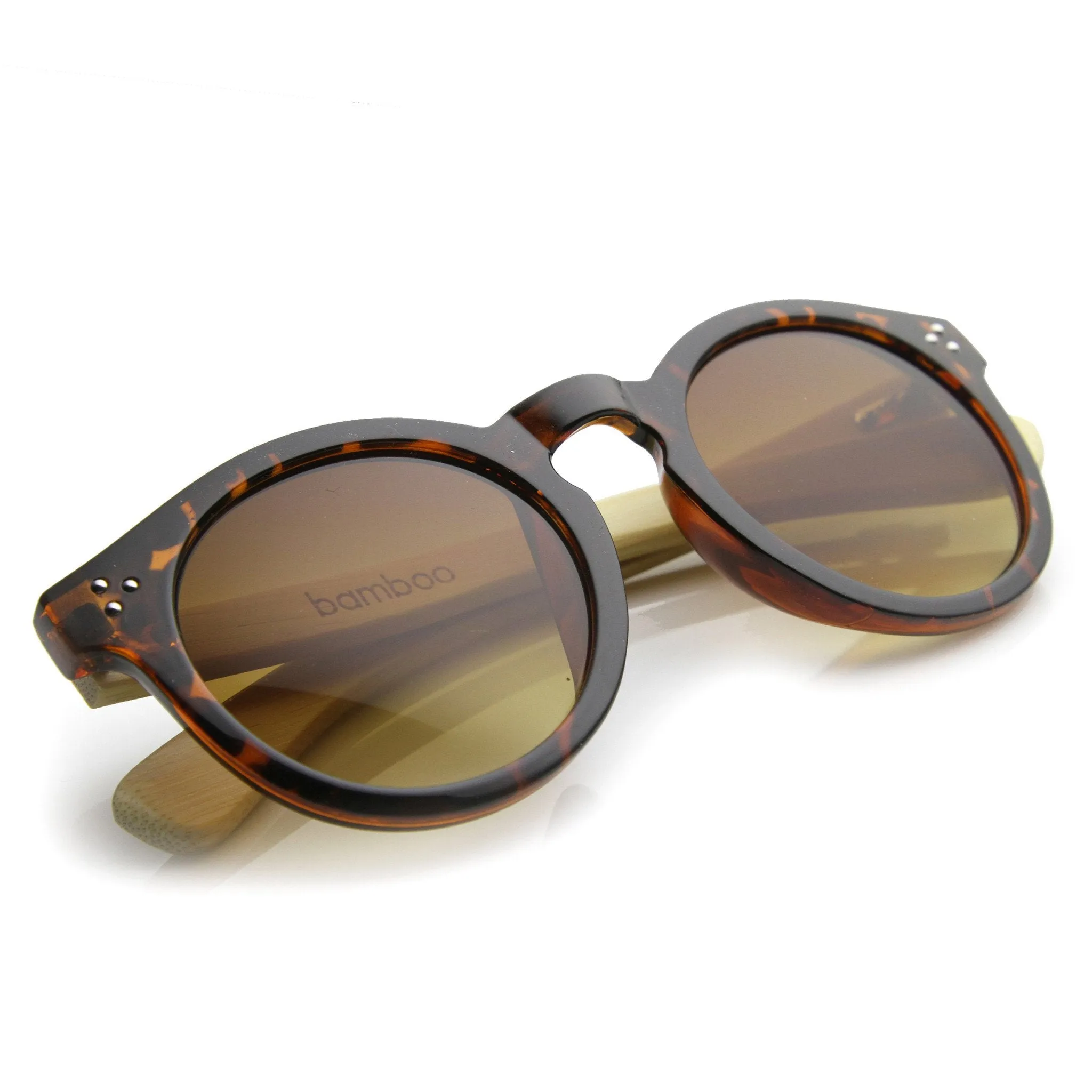 Eco Friendly Bamboo Wood Temple Round Horned Rim Sunglasses 9804
