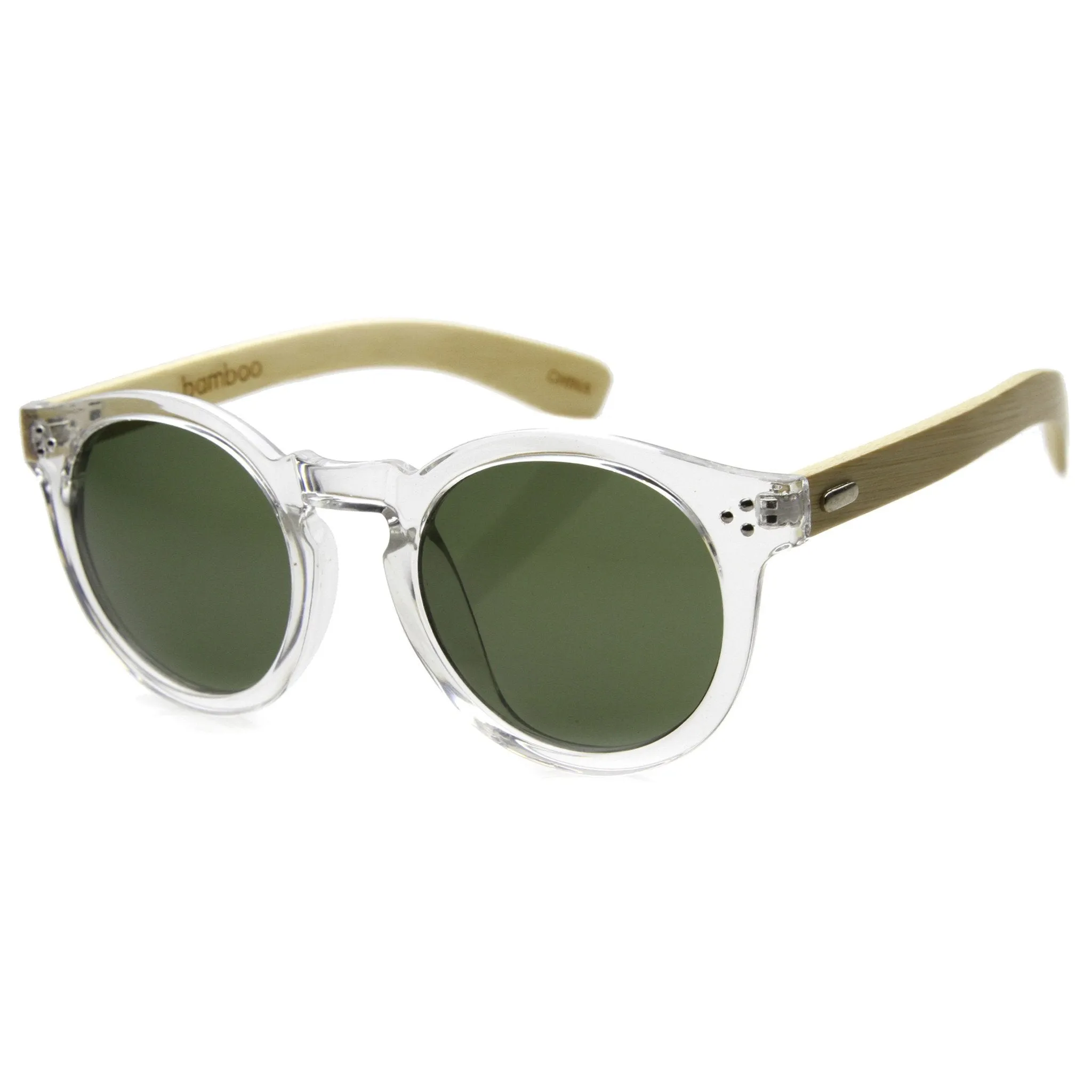 Eco Friendly Bamboo Wood Temple Round Horned Rim Sunglasses 9804