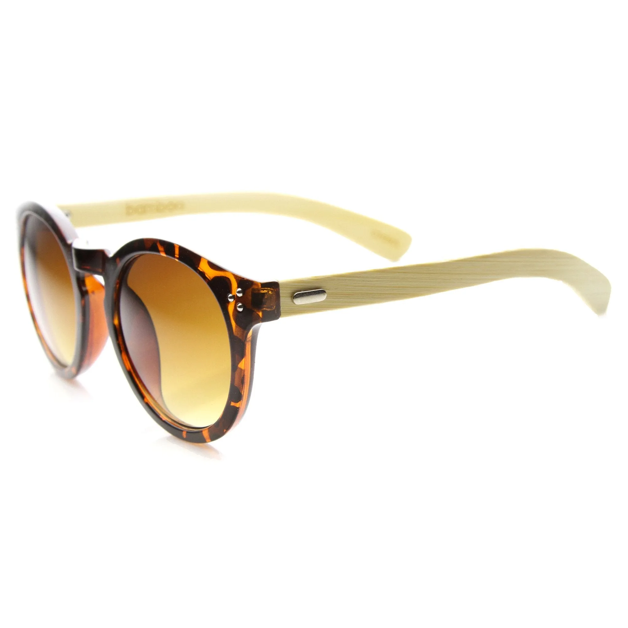 Eco Friendly Bamboo Wood Temple Round Horned Rim Sunglasses 9804