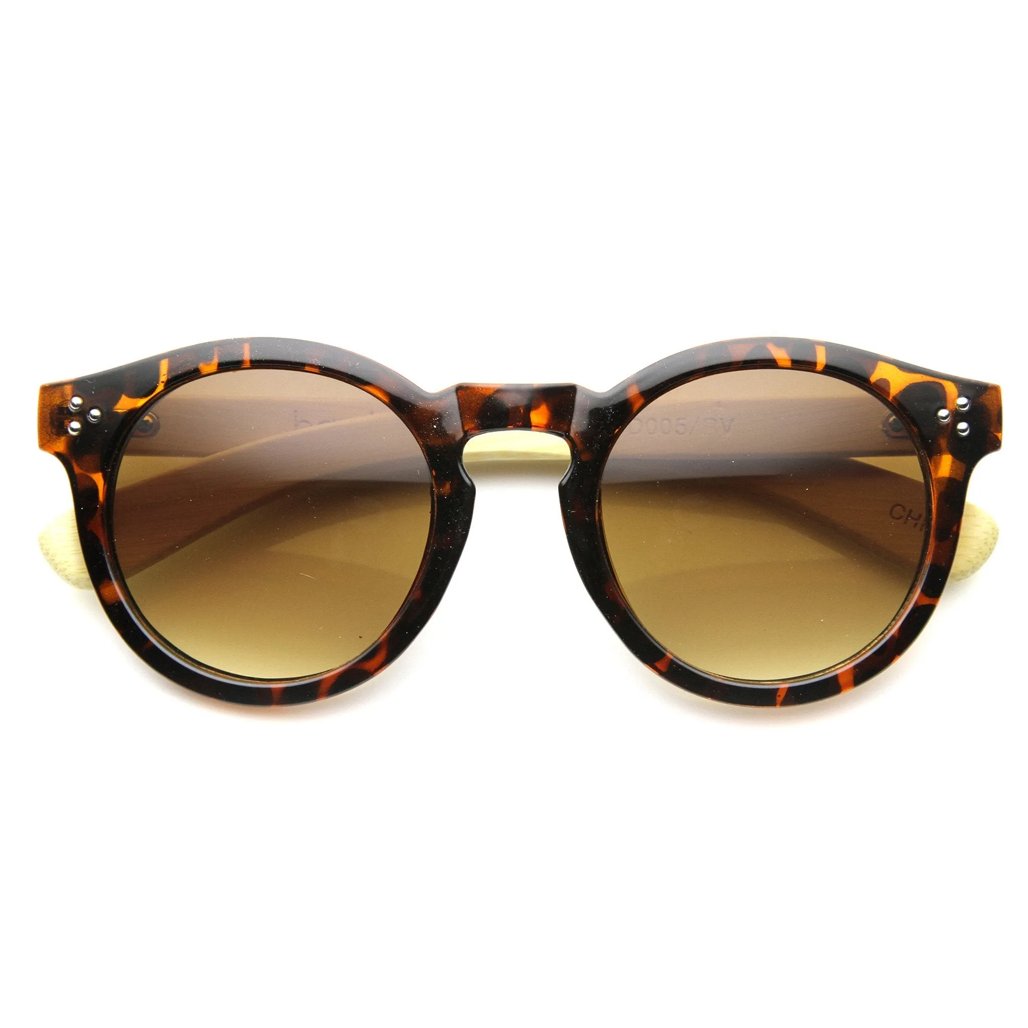 Eco Friendly Bamboo Wood Temple Round Horned Rim Sunglasses 9804