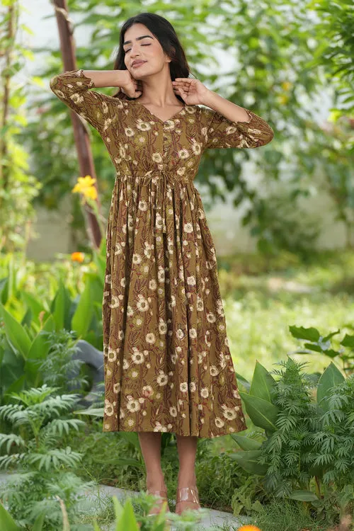 Espresso Garnet Handblock Printed Cotton Dress