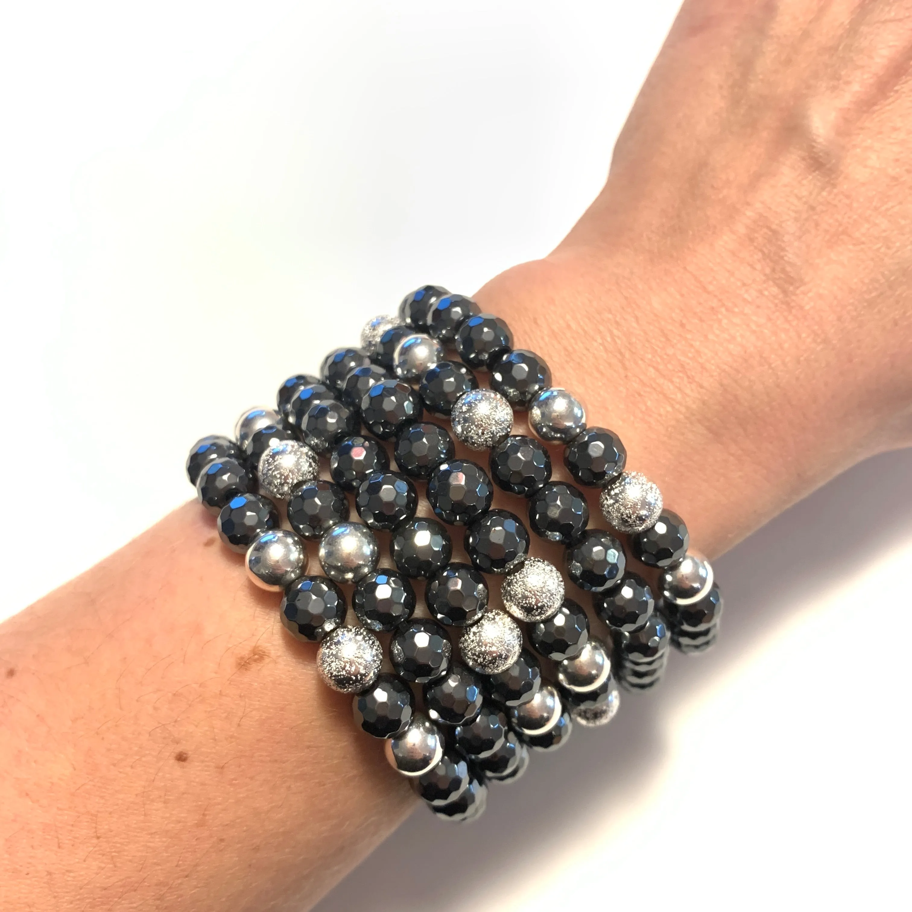 Faceted Hematite & Sterling Silver Stretch Bracelet I - Wholesale