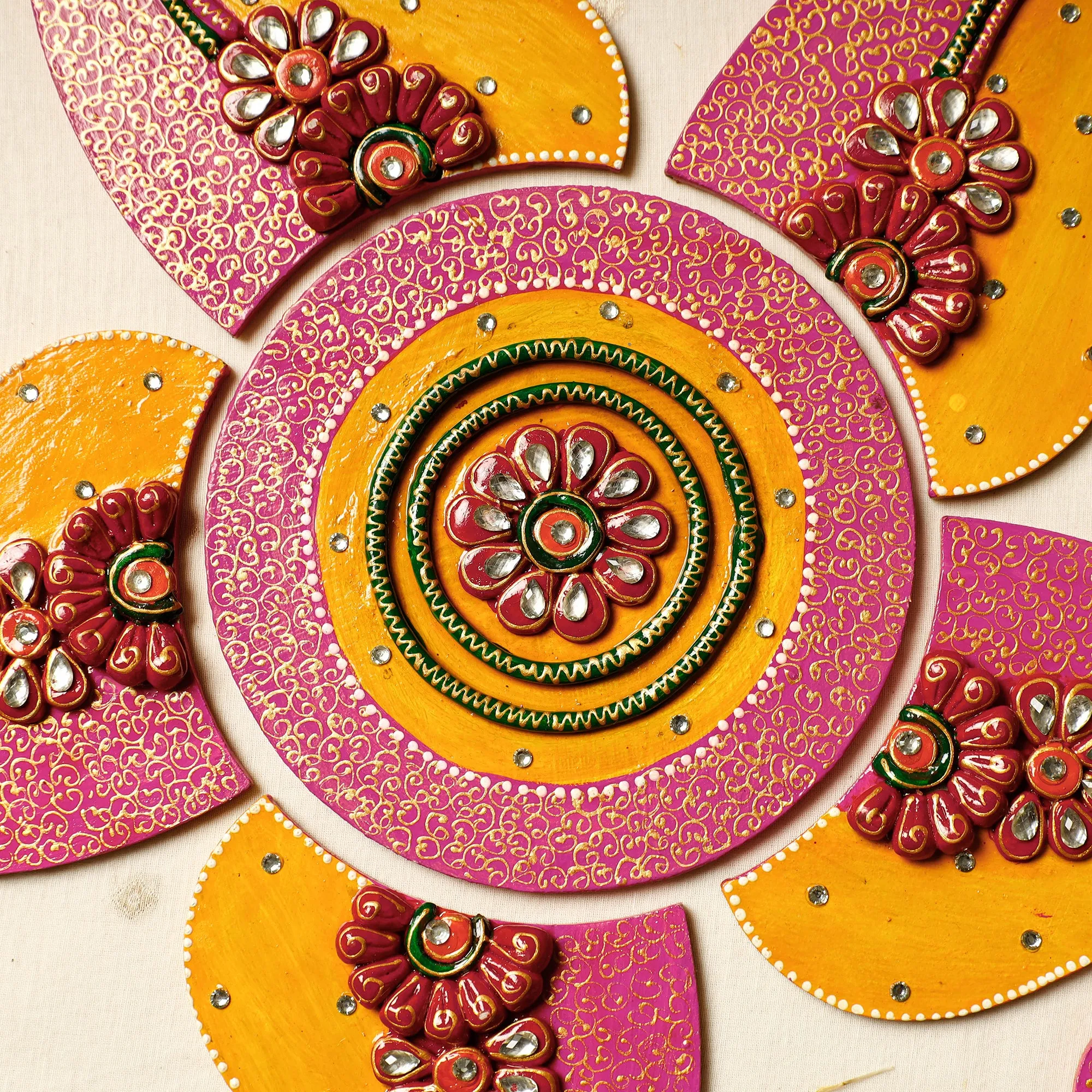 Flower - Festive Decor Handpainted Kundan Work Wooden Rangoli