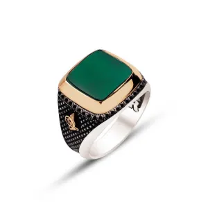 Green Agate Stone Square Silver Men’s Ring Siding Zircons and Black Diamond Pattern and Ottoman Tughra