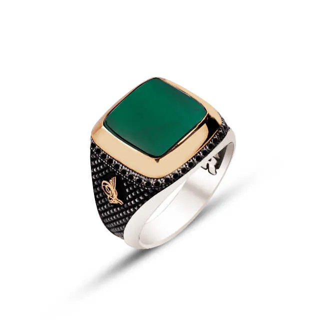Green Agate Stone Square Silver Men’s Ring Siding Zircons and Black Diamond Pattern and Ottoman Tughra