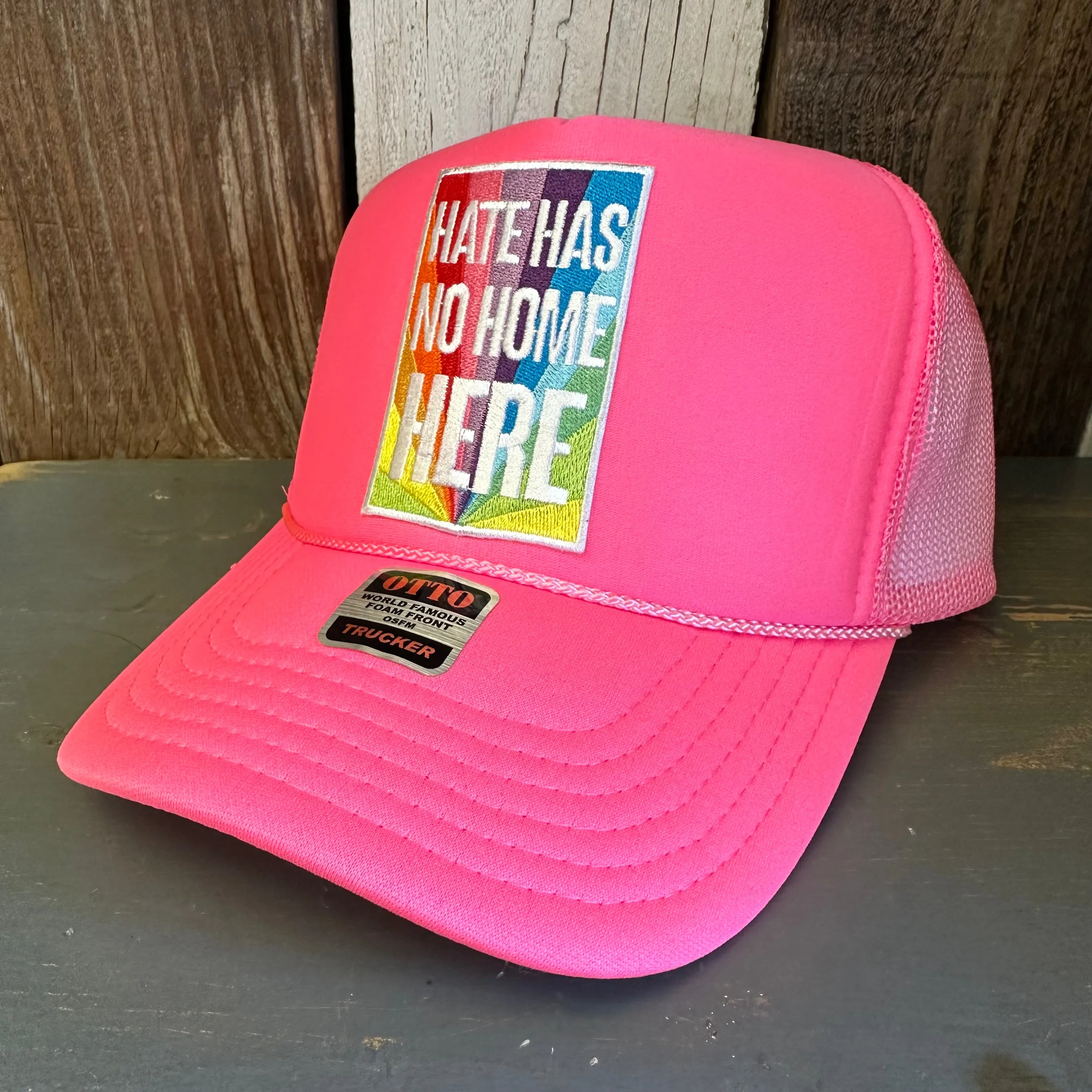 HATE HAS NO HOME HERE Trucker Hat - Neon Pink