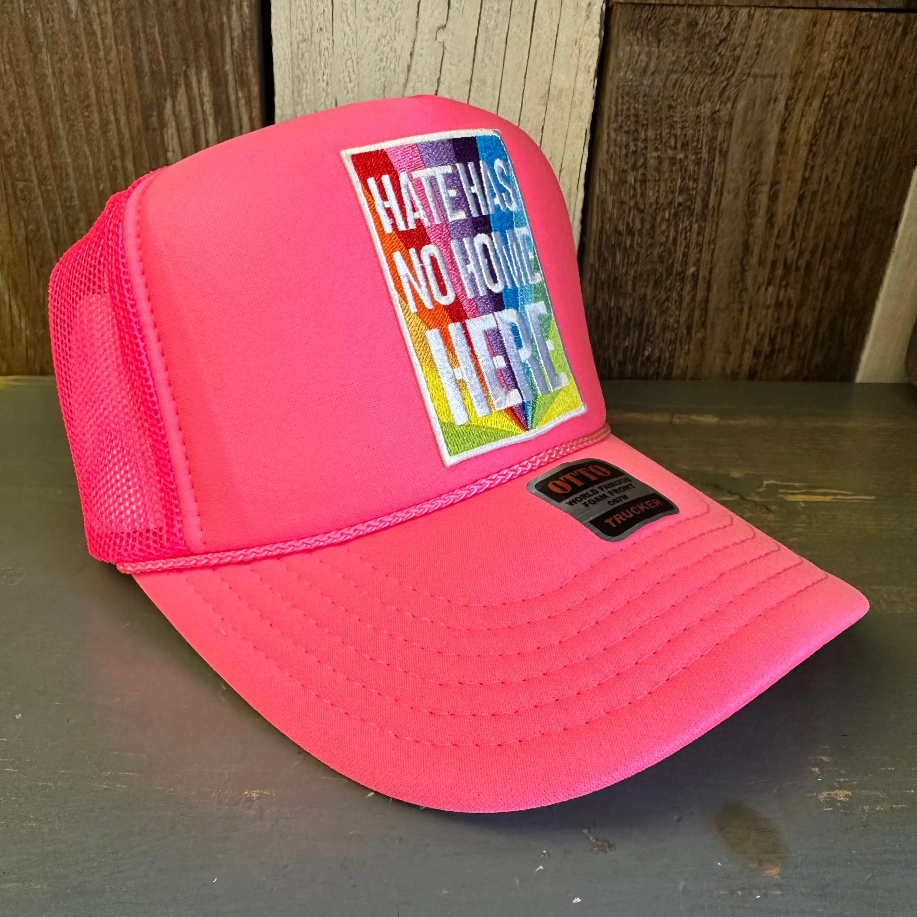 HATE HAS NO HOME HERE Trucker Hat - Neon Pink
