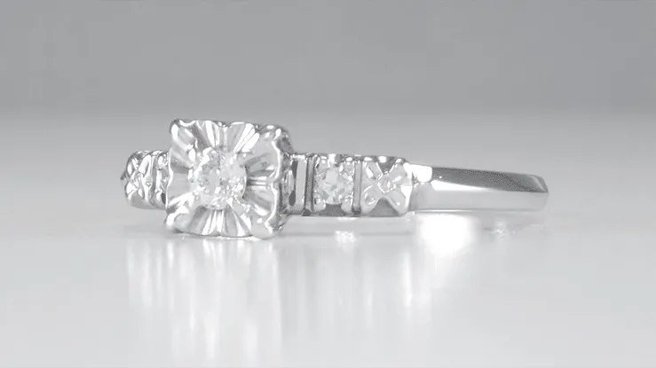 Jessa 1950's Retro Moderne Estate Diamond Engagement Ring in 14 Karat White Gold