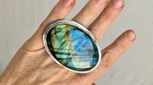 Labradorite Two Finger Ring. Adjustable. Gorgeous Flash. 0372