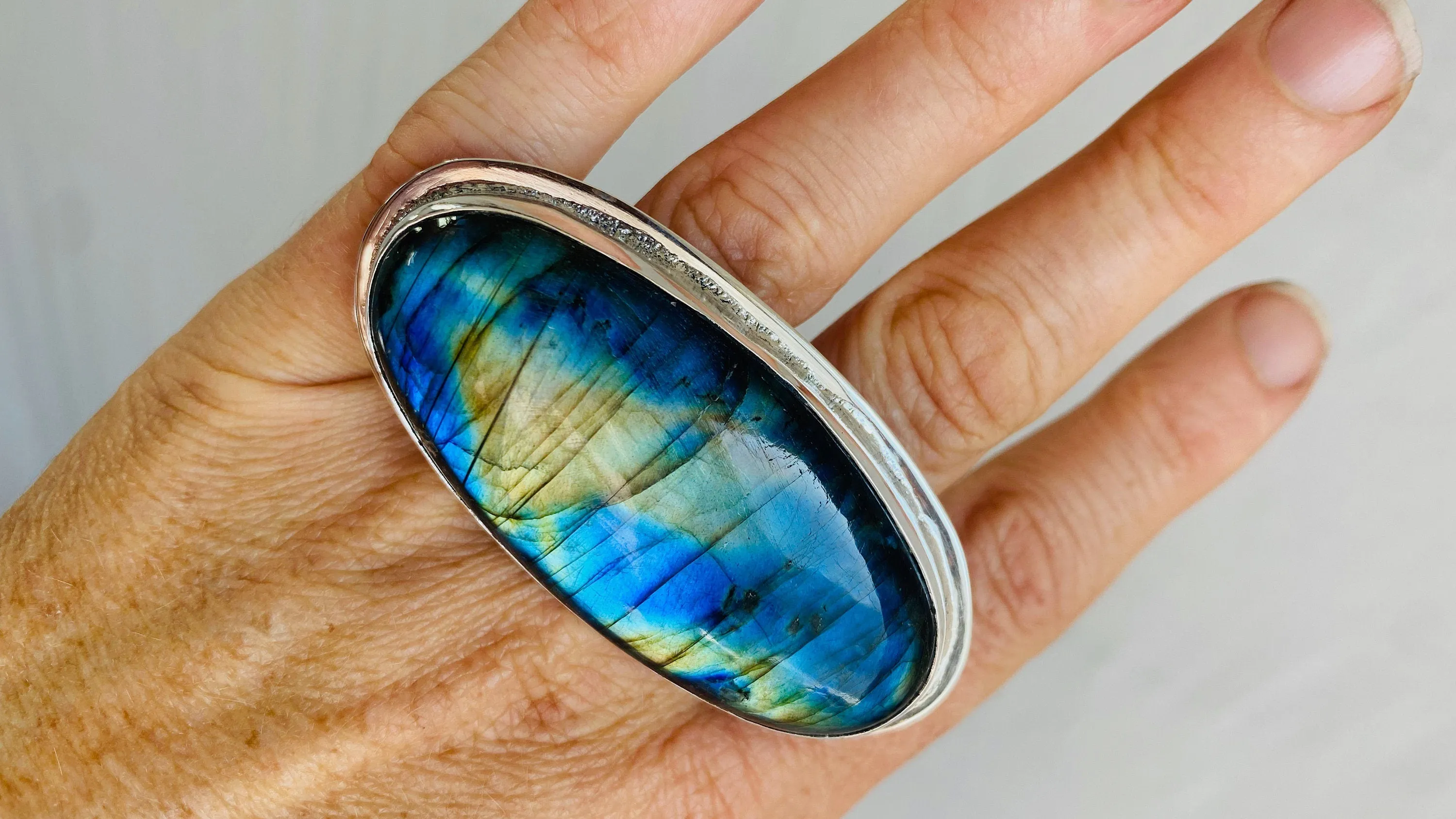 Labradorite Two Finger Ring. Adjustable. Gorgeous Flash.