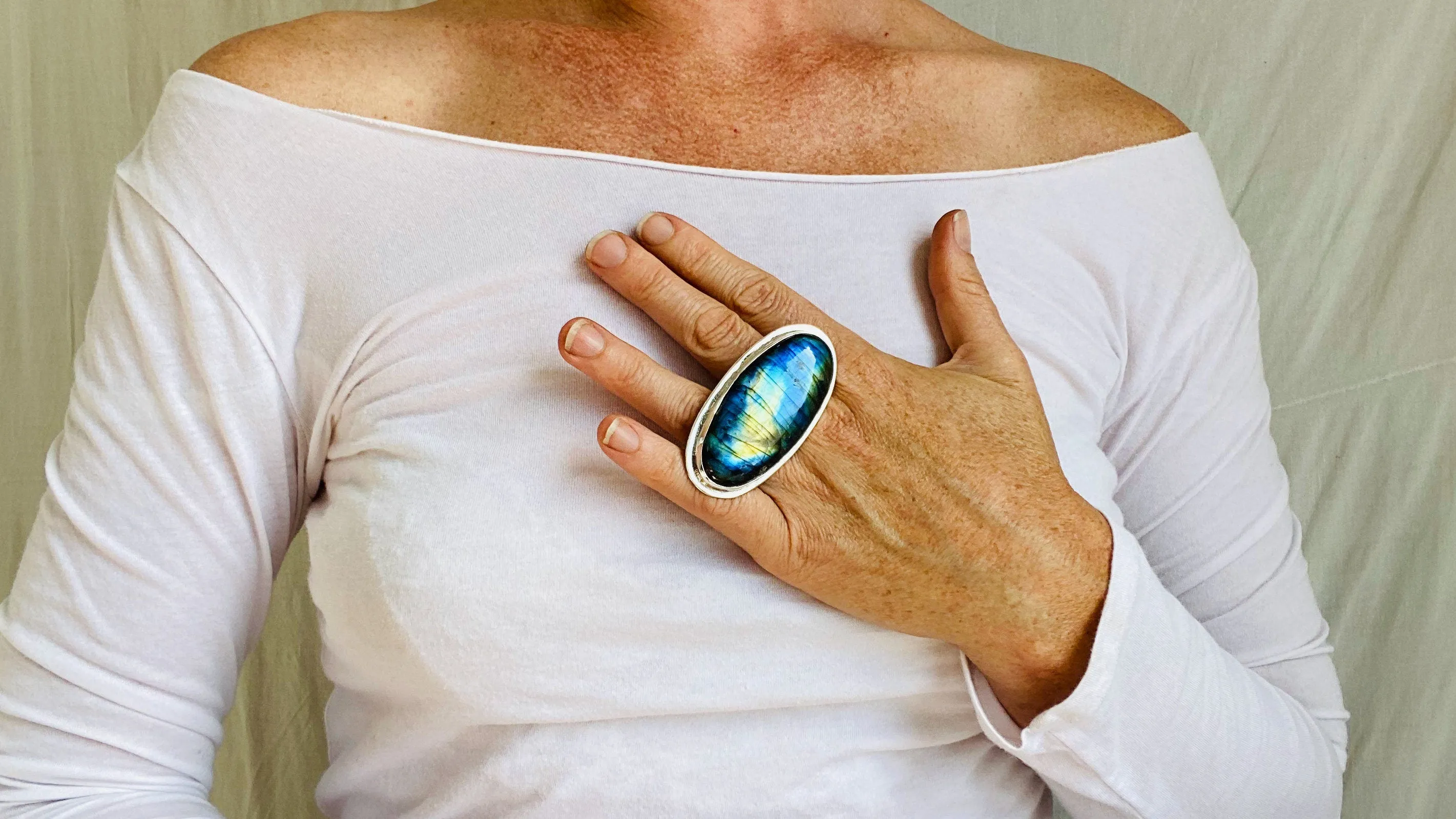 Labradorite Two Finger Ring. Adjustable. Gorgeous Flash.