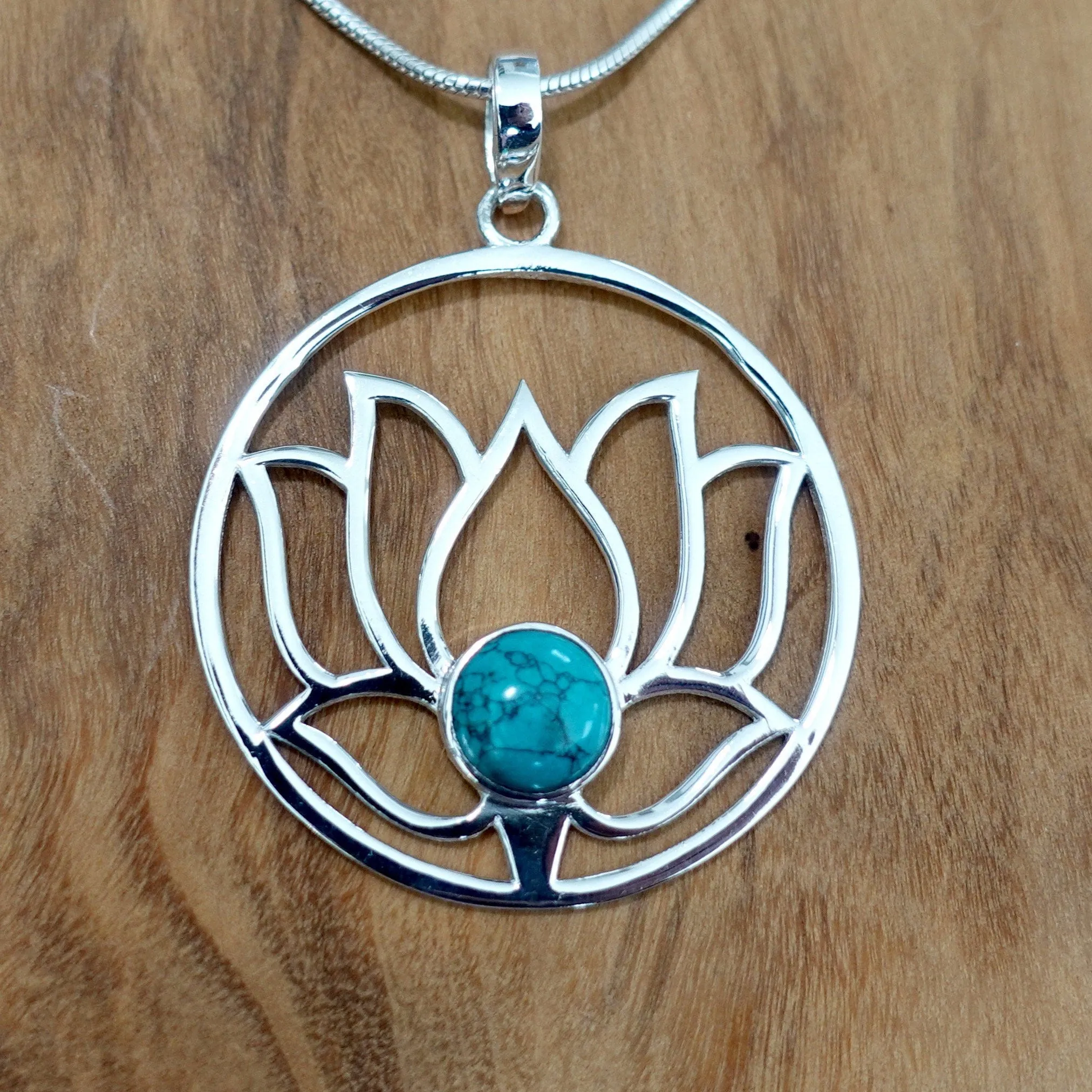 Large Turquoise Lotus Flower Silver Pendant, P23T