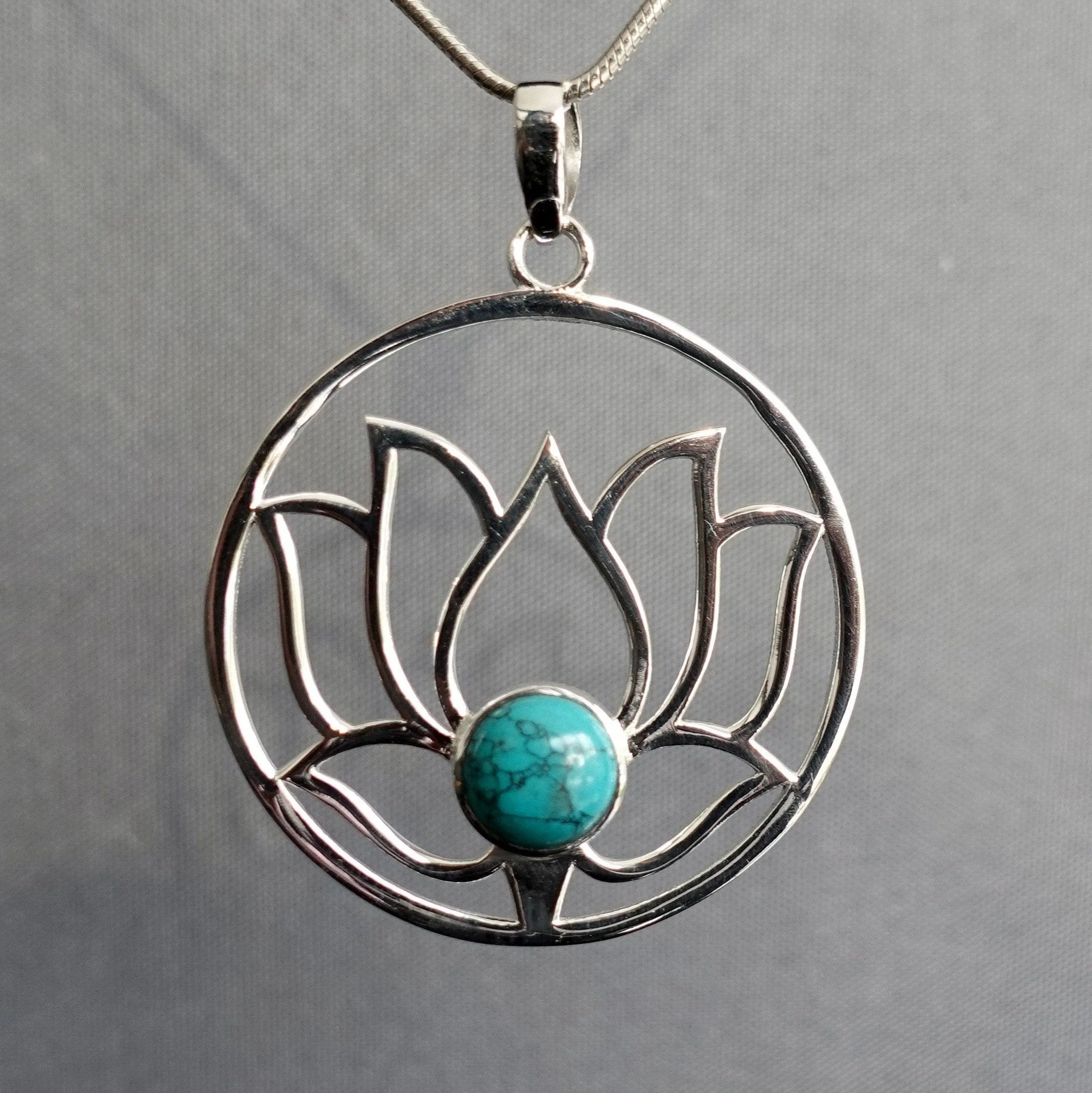 Large Turquoise Lotus Flower Silver Pendant, P23T