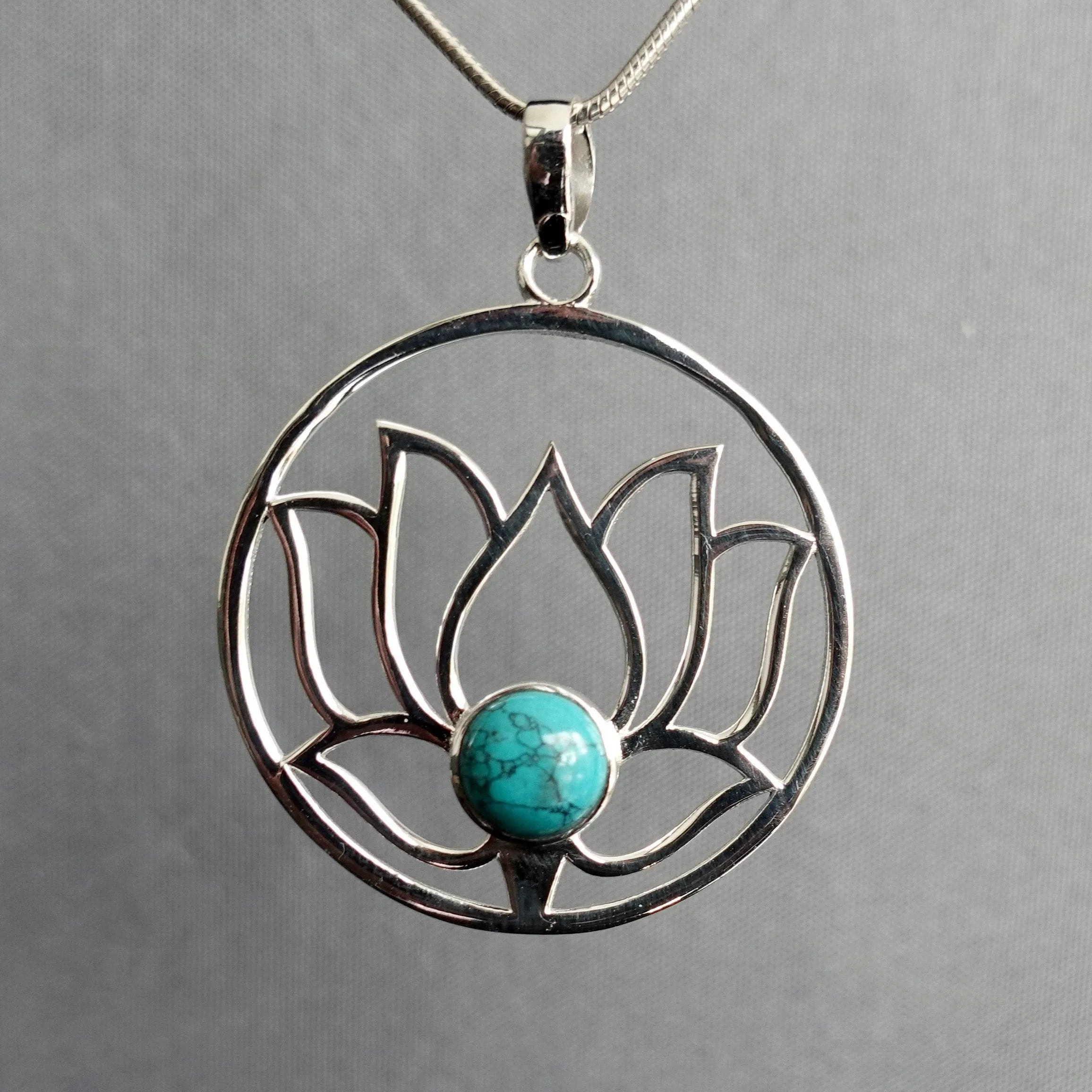 Large Turquoise Lotus Flower Silver Pendant, P23T