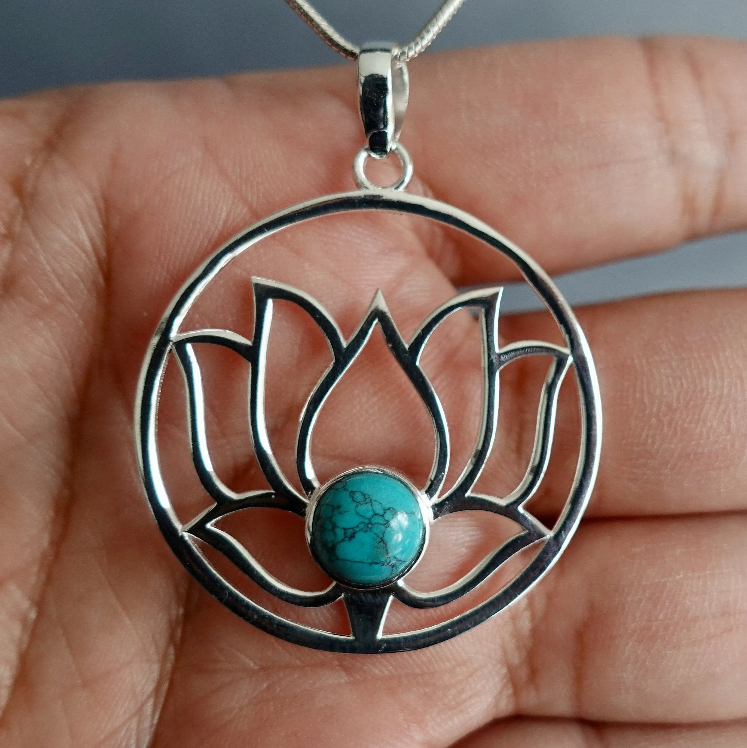 Large Turquoise Lotus Flower Silver Pendant, P23T