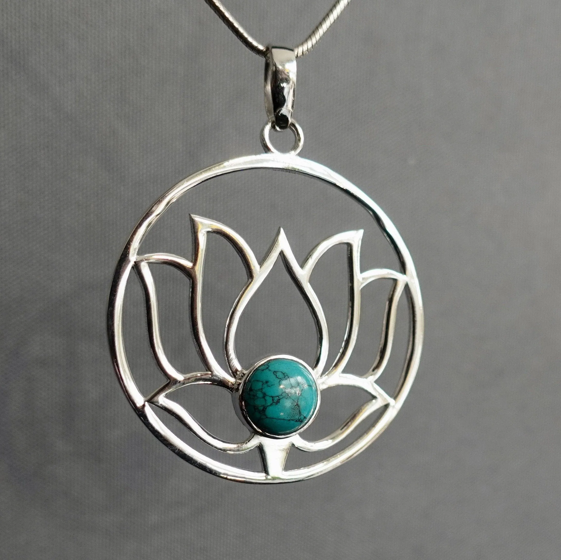 Large Turquoise Lotus Flower Silver Pendant, P23T
