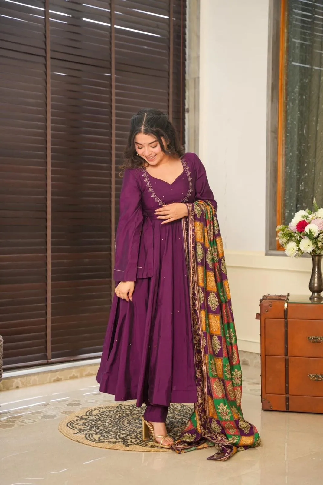 Pure Chinnon With Embroidery Sequence Work Gown And Dupatta Set