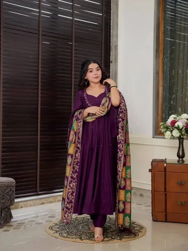 Pure Chinnon With Embroidery Sequence Work Gown And Dupatta Set