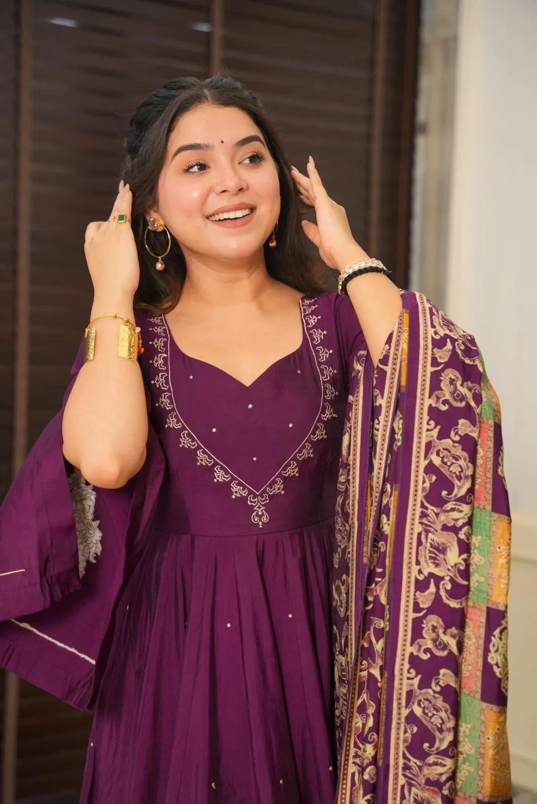 Pure Chinnon With Embroidery Sequence Work Gown And Dupatta Set