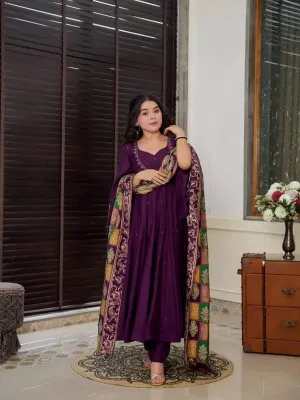 Pure Chinnon With Embroidery Sequence Work Gown And Dupatta Set