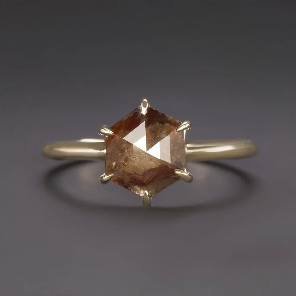 ROSE CUT DIAMOND SOLITAIRE RING RUSTIC RED RUST GALAXY HEXAGON 14k YELLOW GOLD