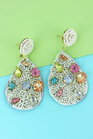 SALE! Multi-Color Gemstone and Ivory Seed Bead Teardrop Earrings