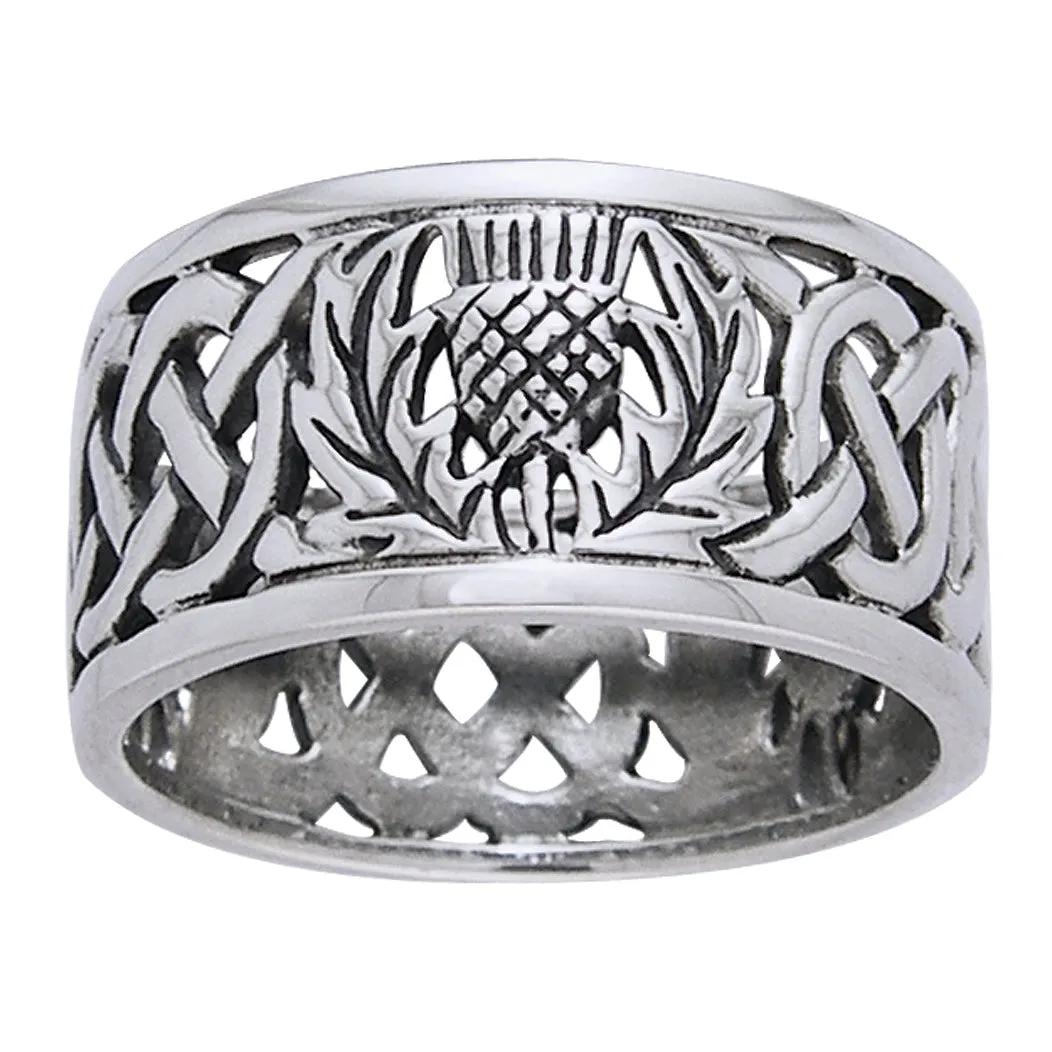 Scottish Thistle Celtic Knot Wedding Band Sterling Silver Ring