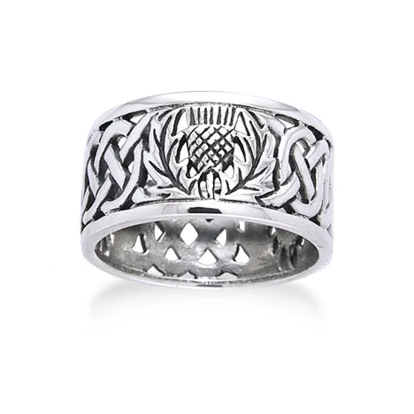 Scottish Thistle Celtic Knot Wedding Band Sterling Silver Ring