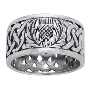 Scottish Thistle Celtic Knot Wedding Band Sterling Silver Ring
