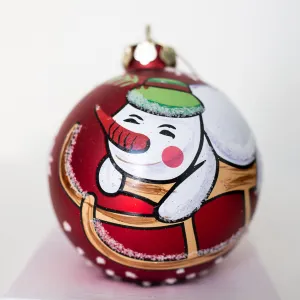 Sleigh Ride Snow Man – Red Glass Bauble 100mm