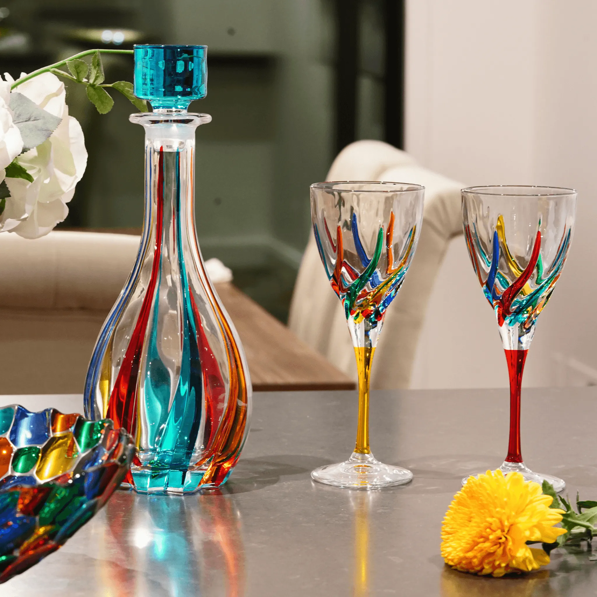 Trix Round Decanter, Hand Painted Crystal, Made in Italy