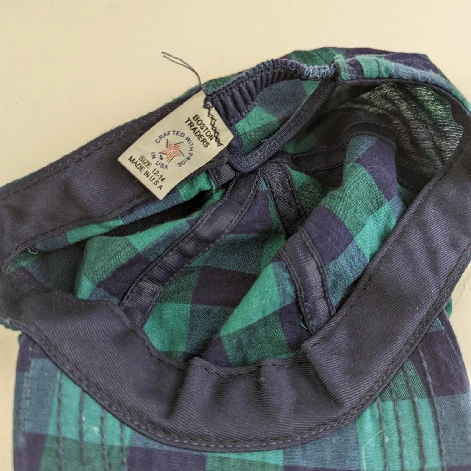 Vintage 90s Boston Traders Green Plaid Flannel Elastic Back Hat