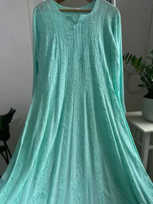 Viscose Chikankari Anarkali - Cyan Green