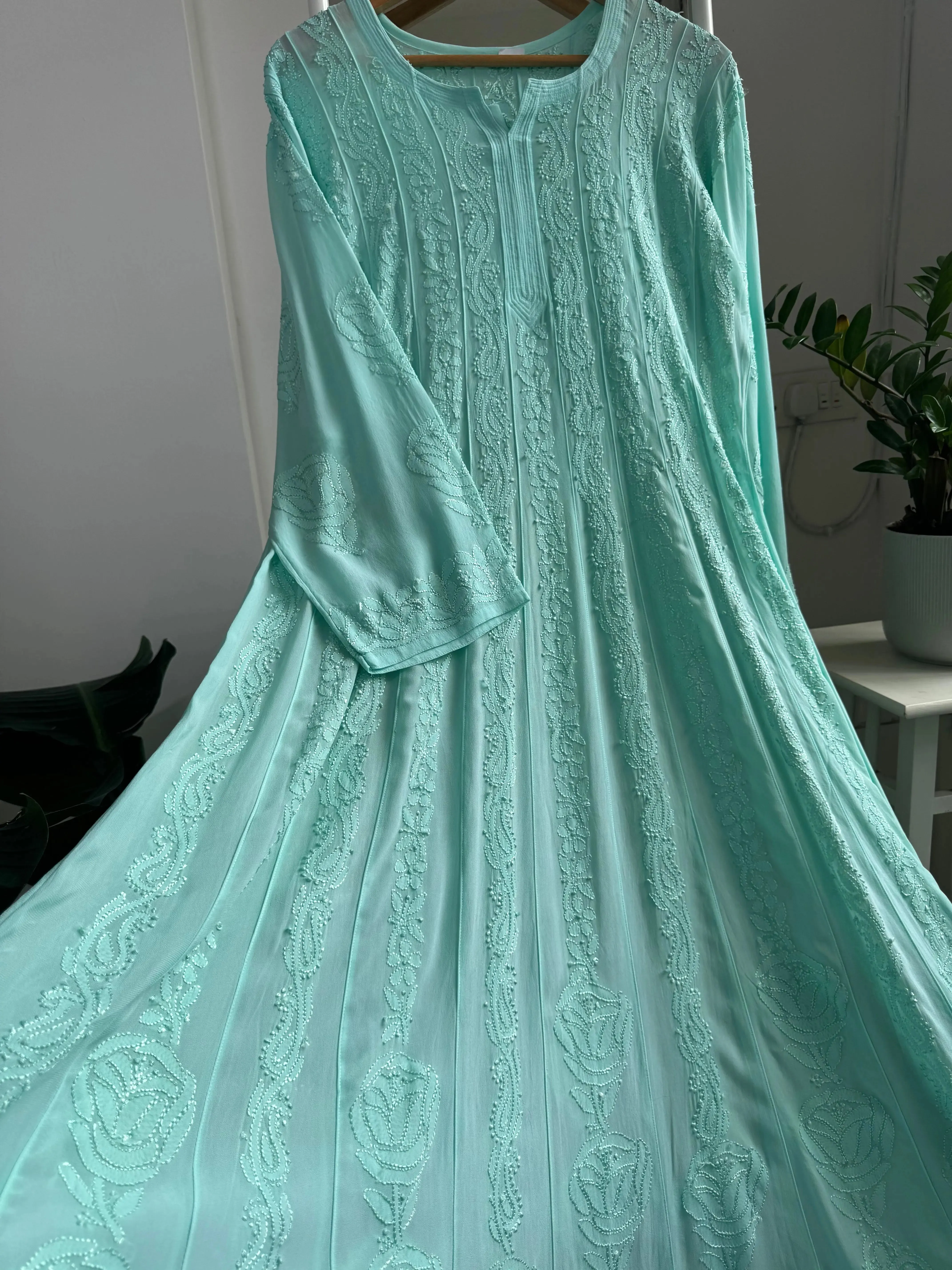 Viscose Chikankari Anarkali - Cyan Green
