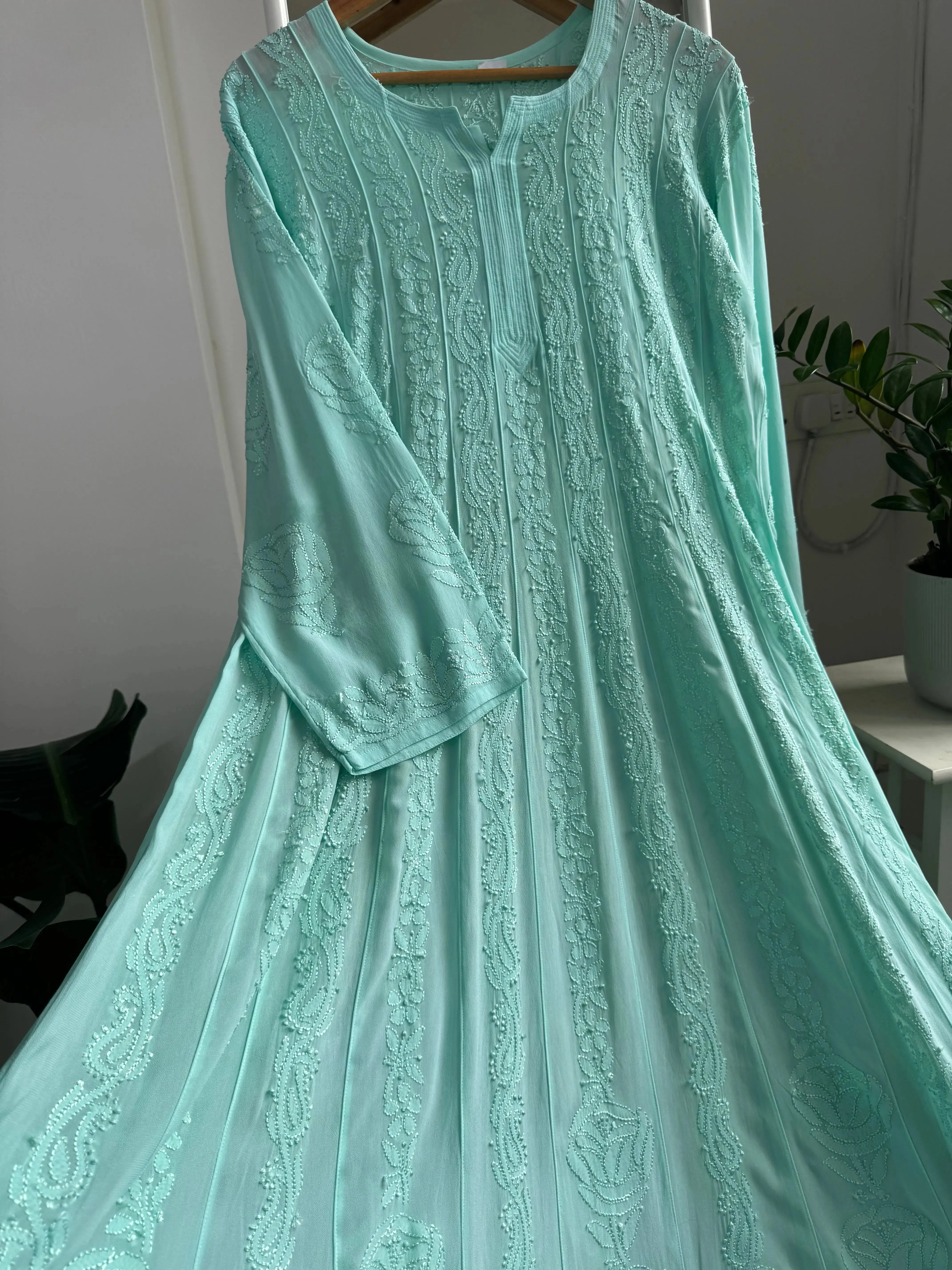 Viscose Chikankari Anarkali - Cyan Green