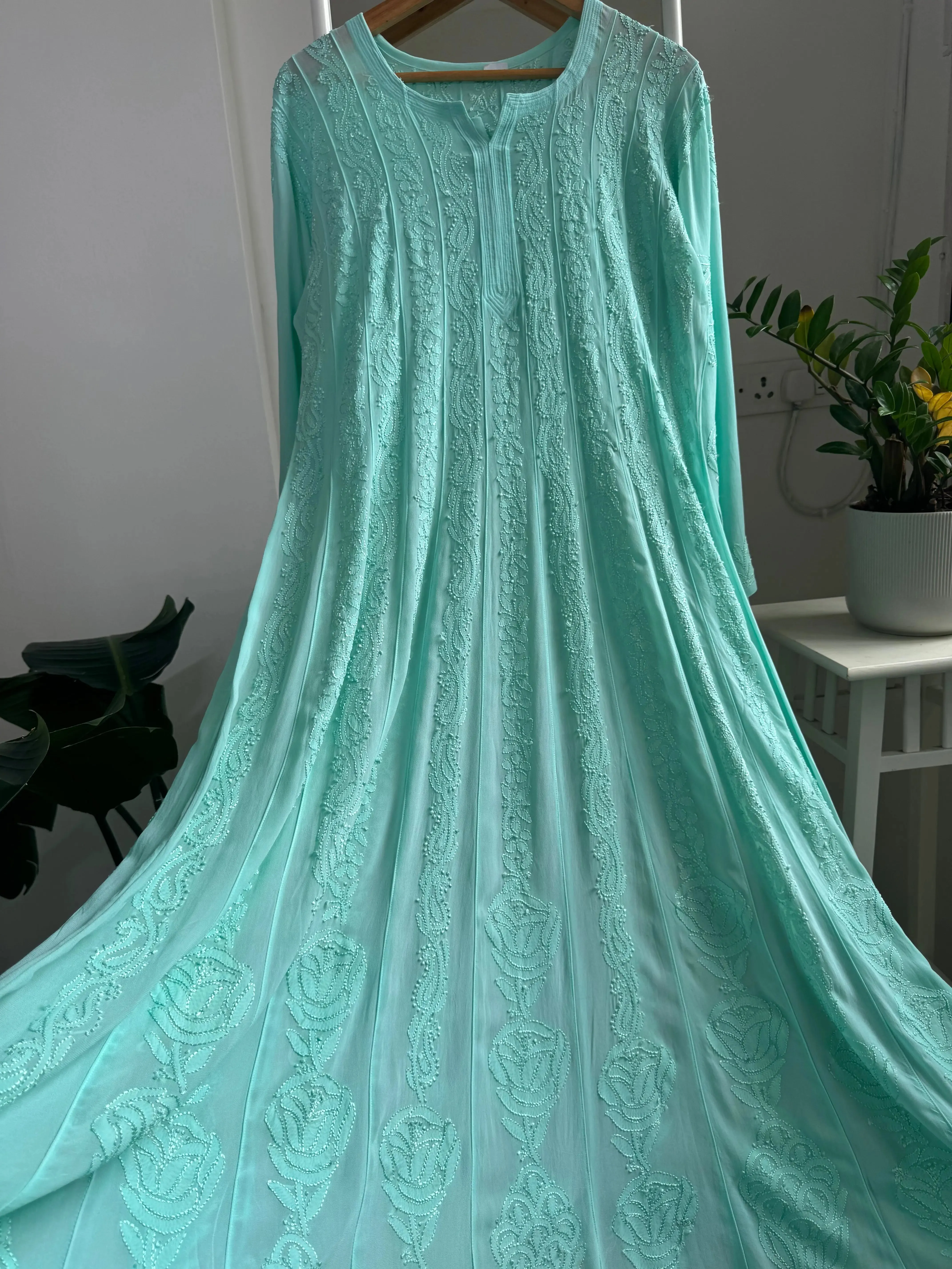 Viscose Chikankari Anarkali - Cyan Green