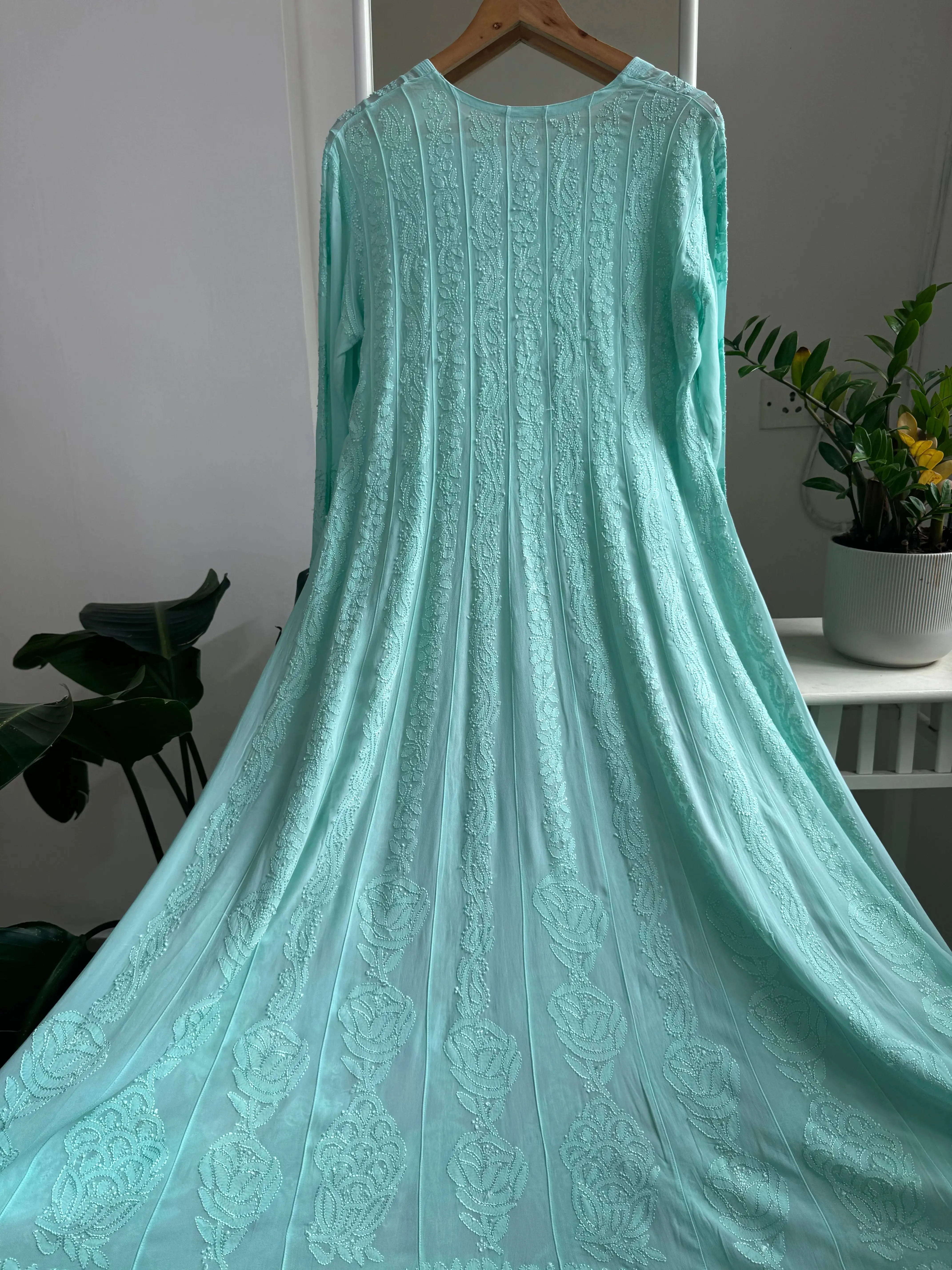 Viscose Chikankari Anarkali - Cyan Green
