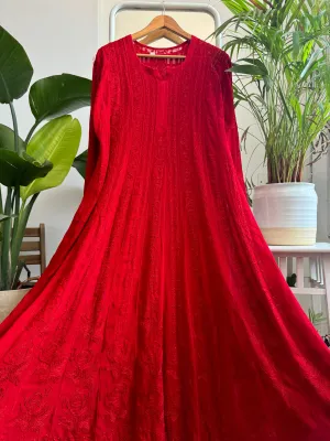 Viscose Chikankari Anarkali - Red