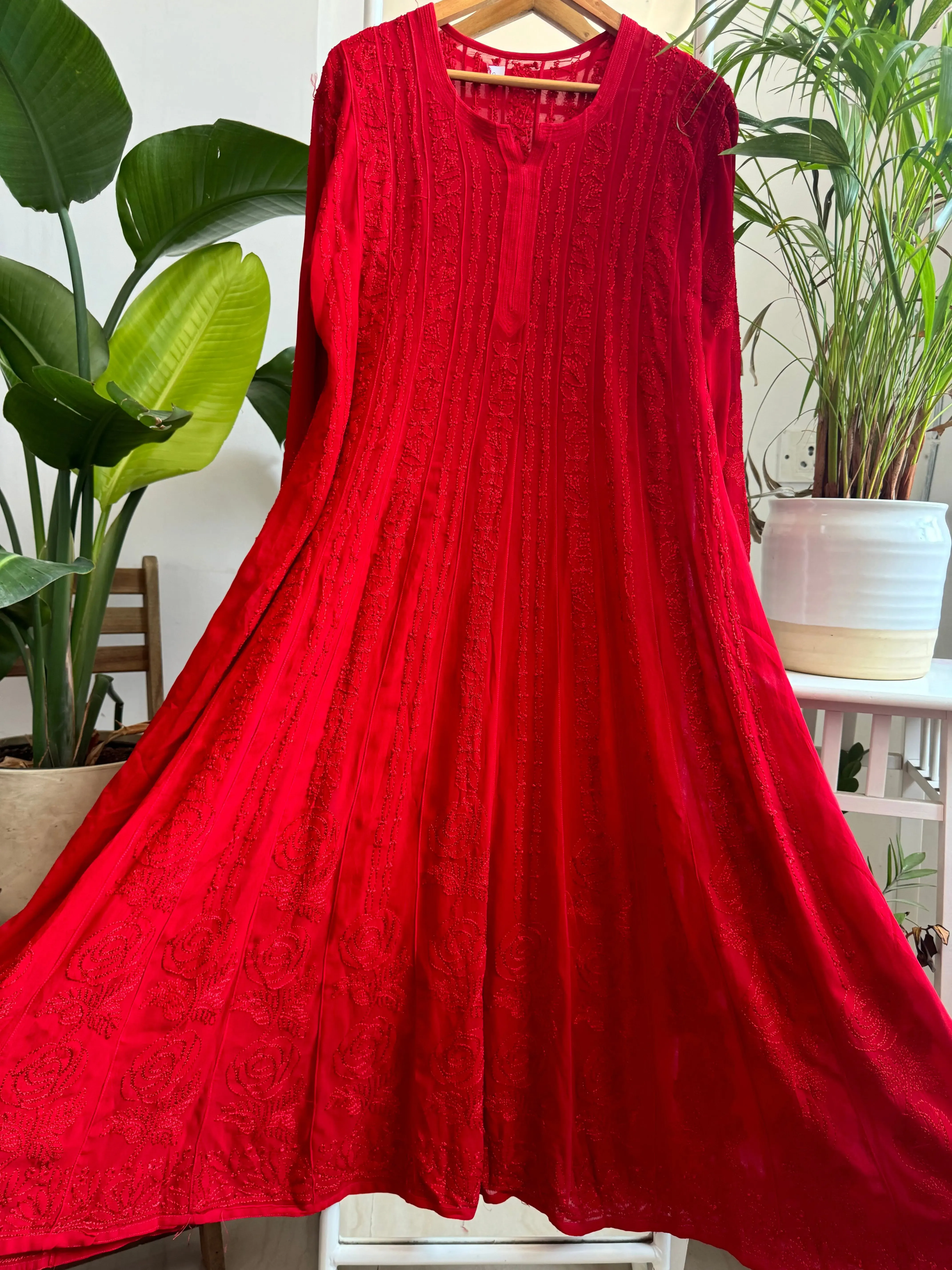 Viscose Chikankari Anarkali - Red