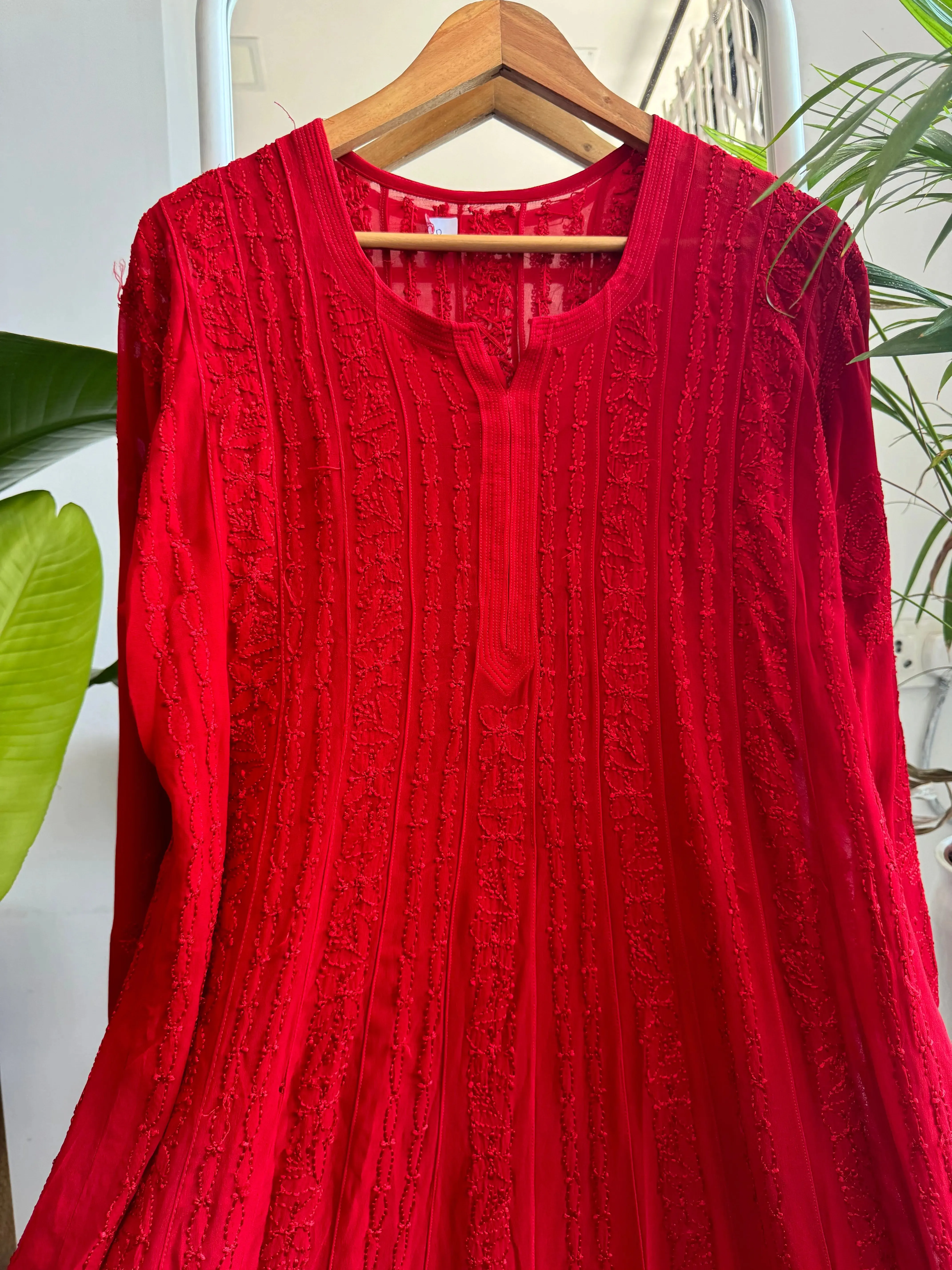 Viscose Chikankari Anarkali - Red