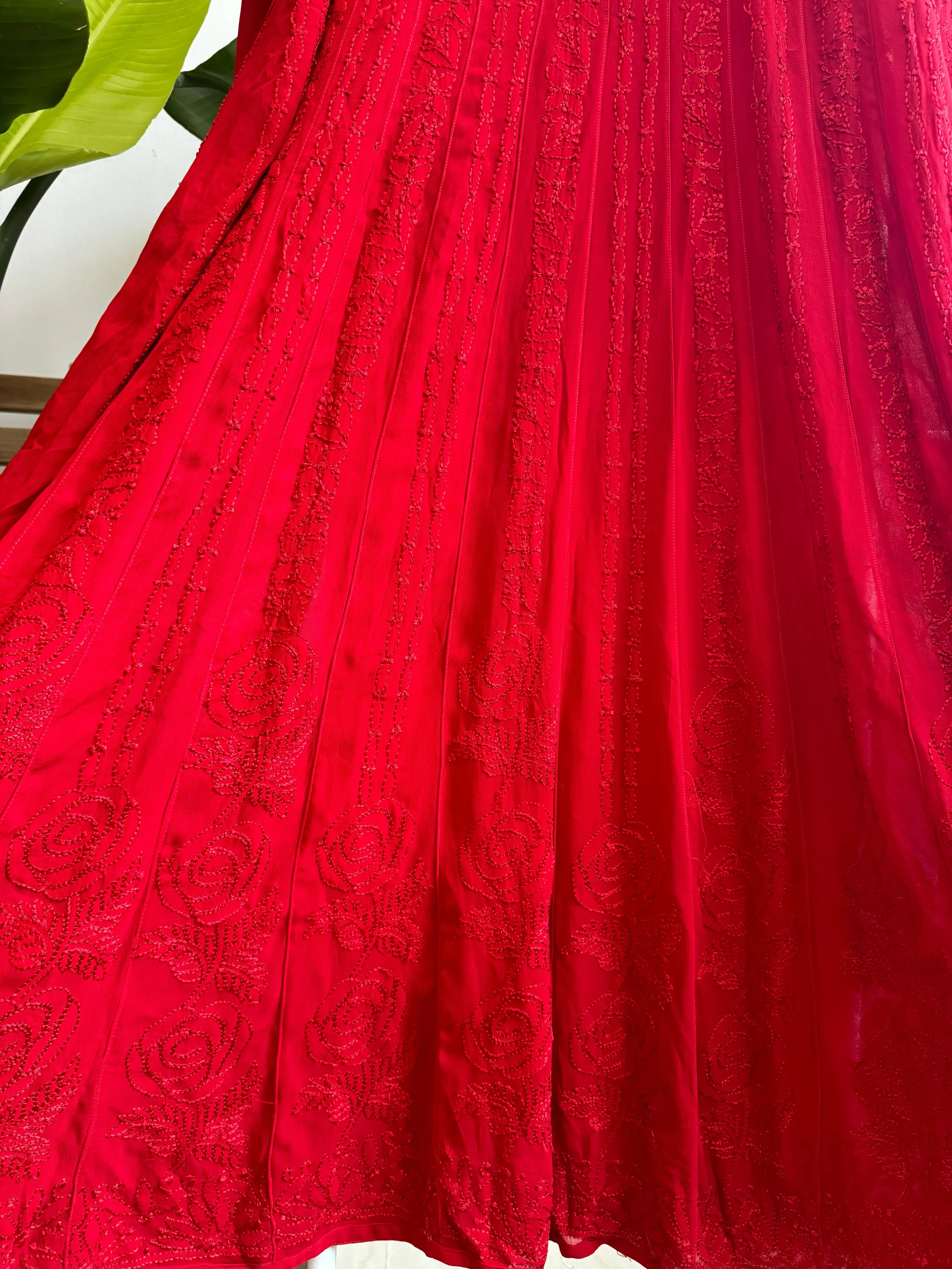 Viscose Chikankari Anarkali - Red