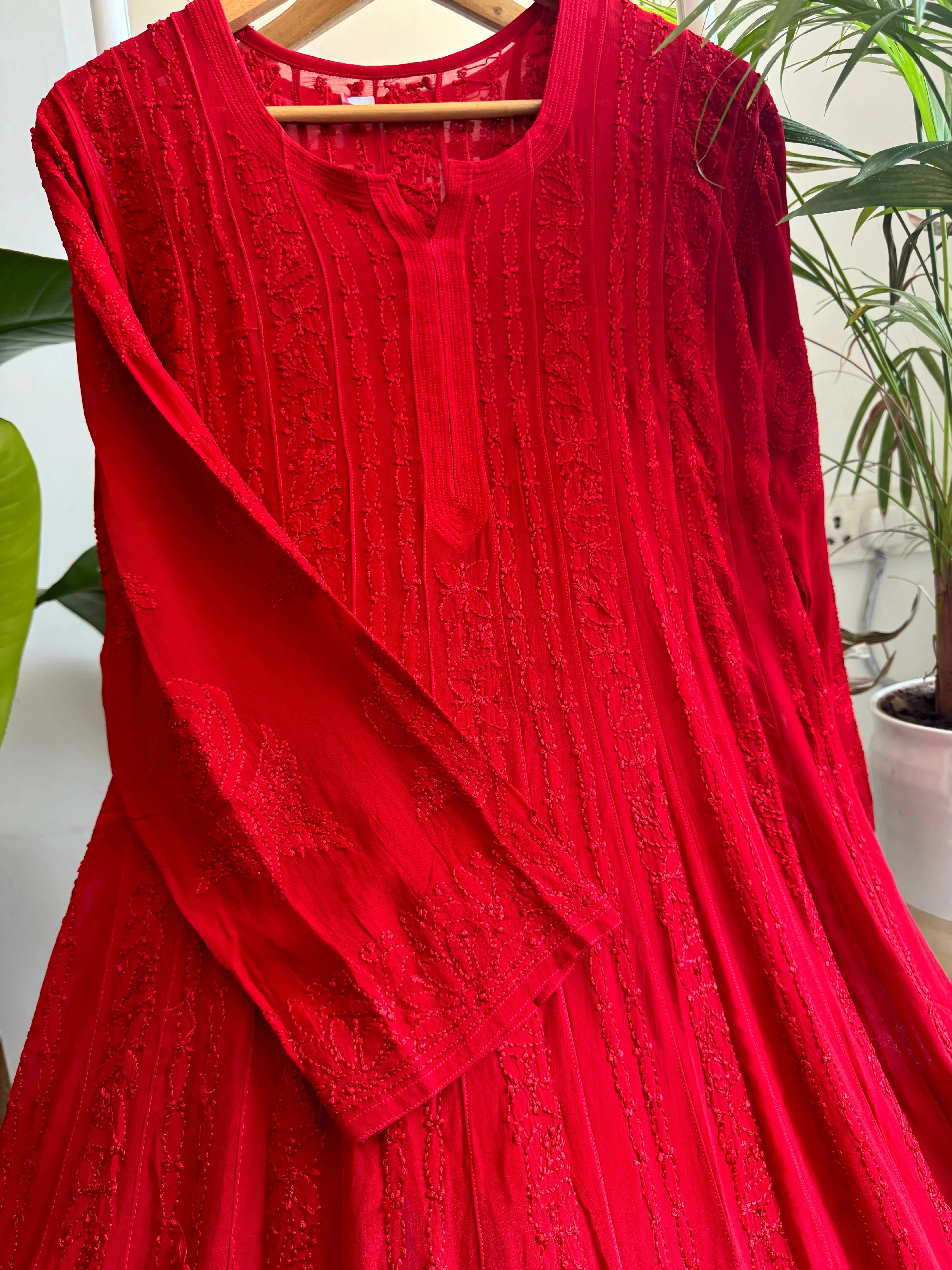 Viscose Chikankari Anarkali - Red