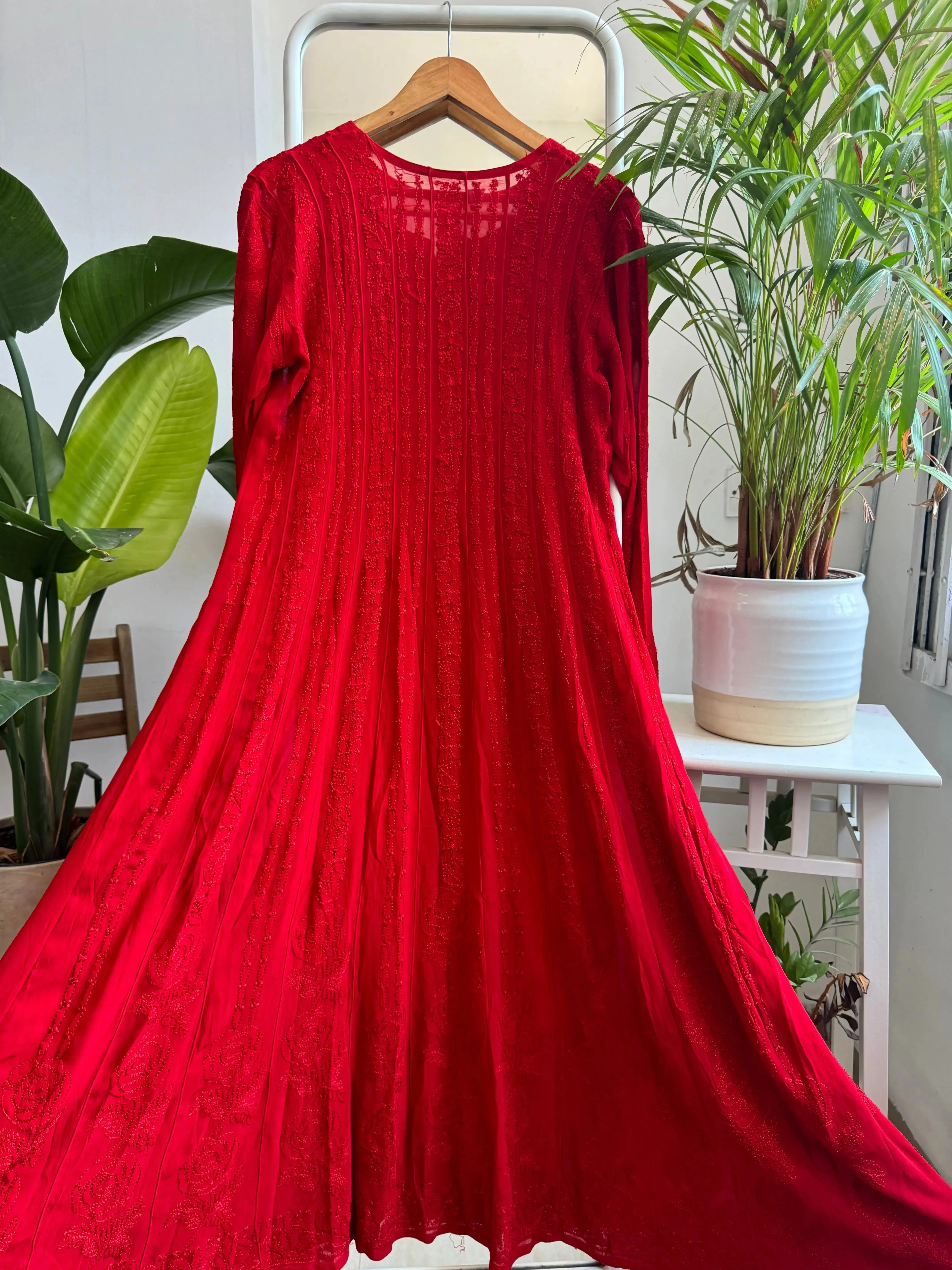 Viscose Chikankari Anarkali - Red
